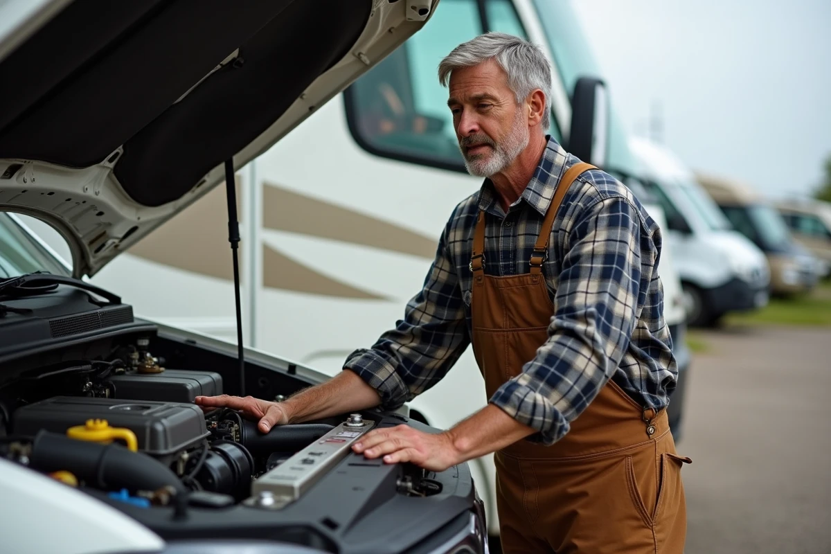 Homme inspectant le moteur d'un camping-car poids lourd d'occasion chez un revendeur spécialisé