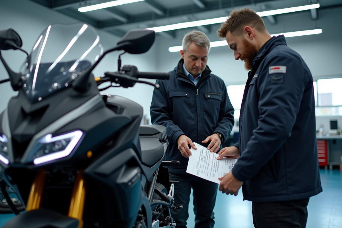 Mecanicien inspectant une moto moderne dans un centre de controle