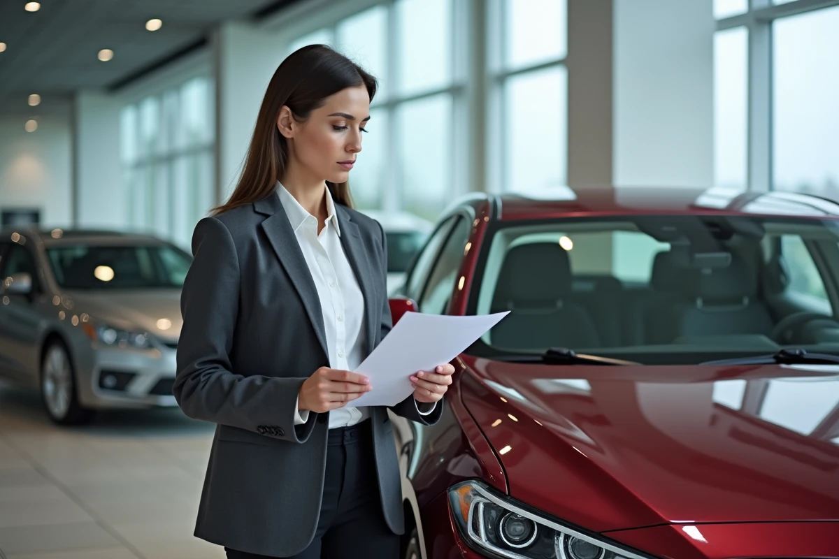 Femme inspectant une voiture en concession avec une liste de vérification avant achat