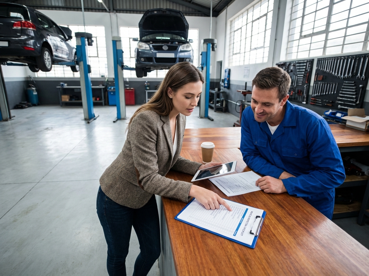 Jeune femme vérifiant un contrôle technique avec un mécanicien