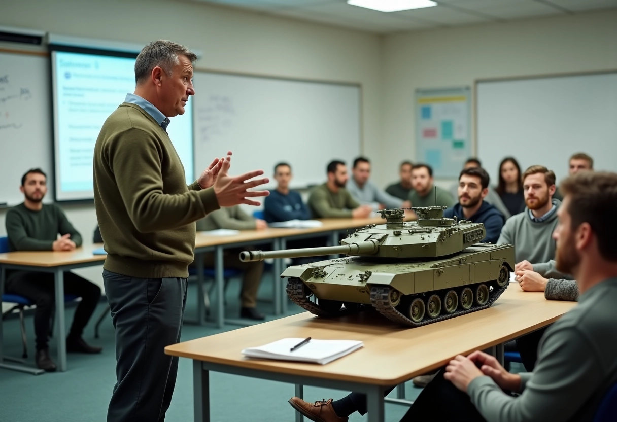 Instructeur militaire montrant un modèle de char à des civils