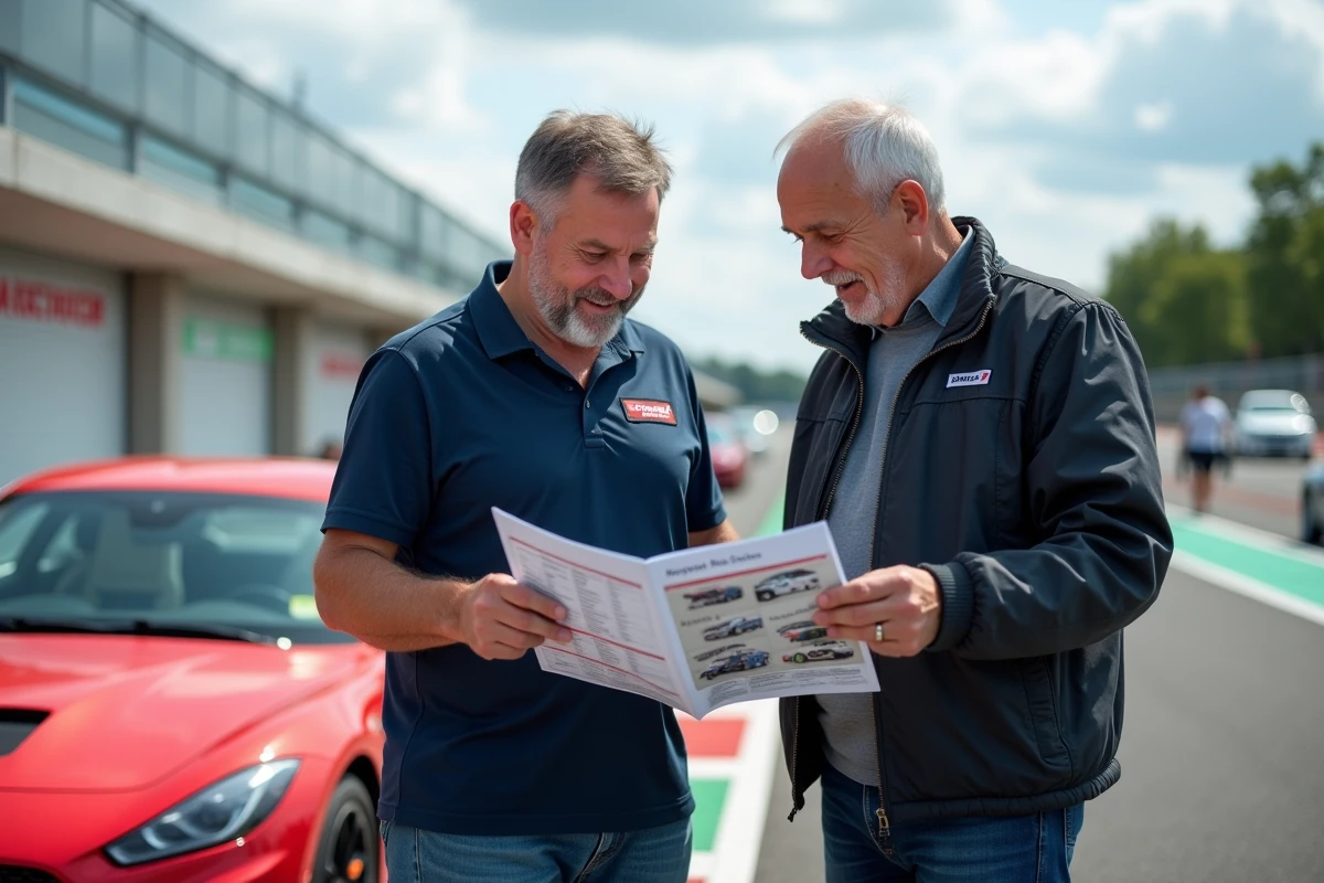 Instructeur et participant examinant ensemble une brochure tarifaire d'un stage de pilotage dans le stand d'un circuit
