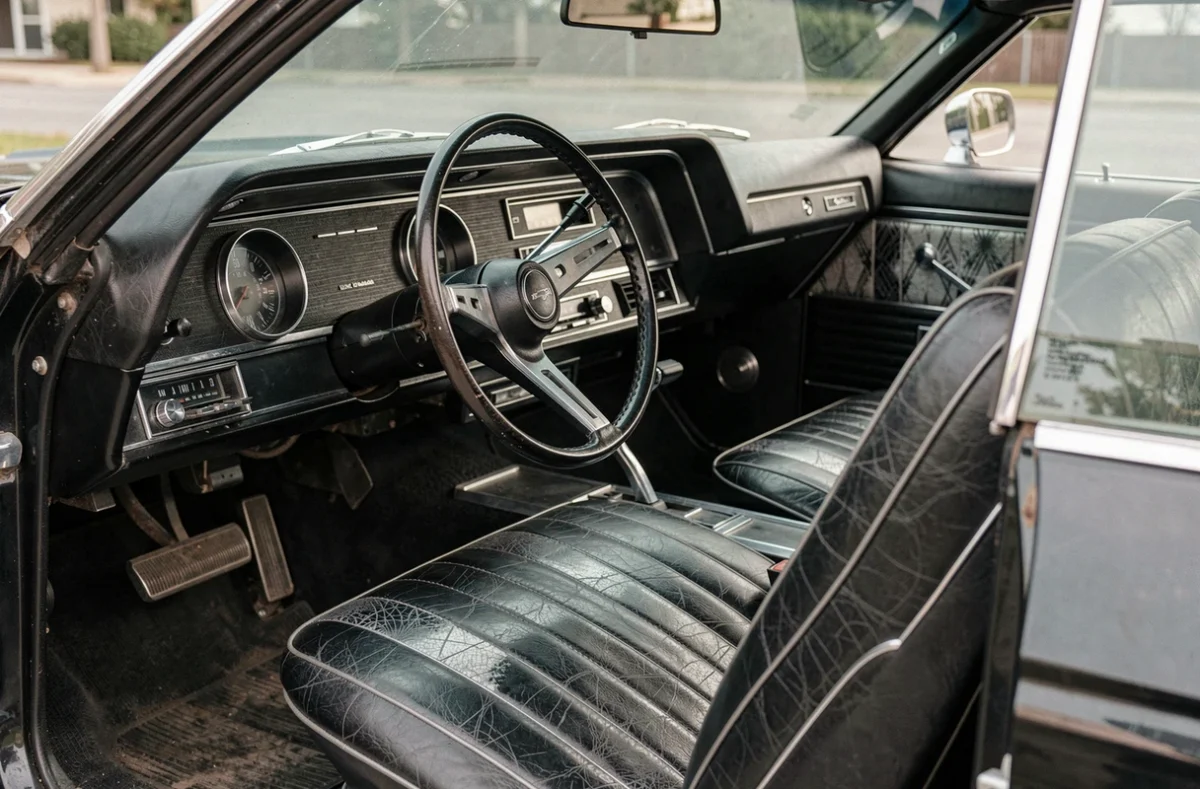 Intérieur original d'une Chevrolet Impala 4 portes 1967 avec banquette vinyle et tableau de bord d'époque