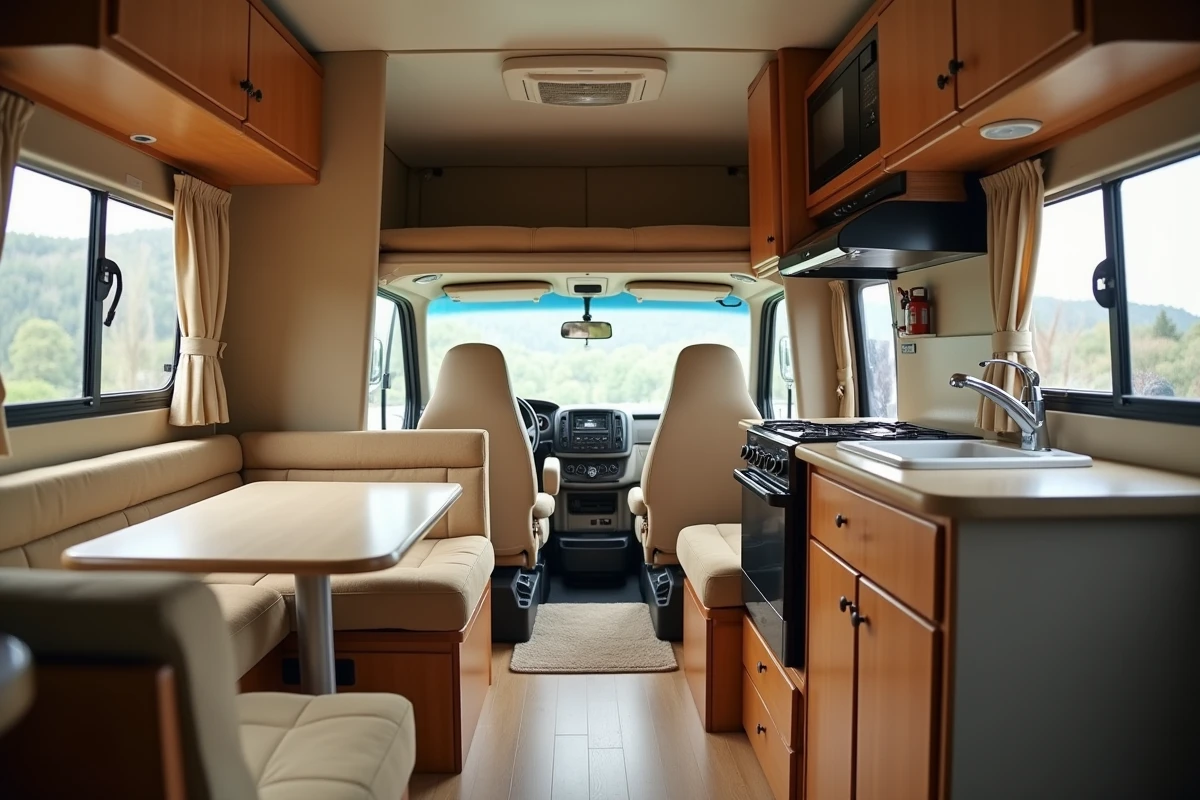 Intérieur confortable et bien aménagé d'un camping-car poids lourd d'occasion à petit budget