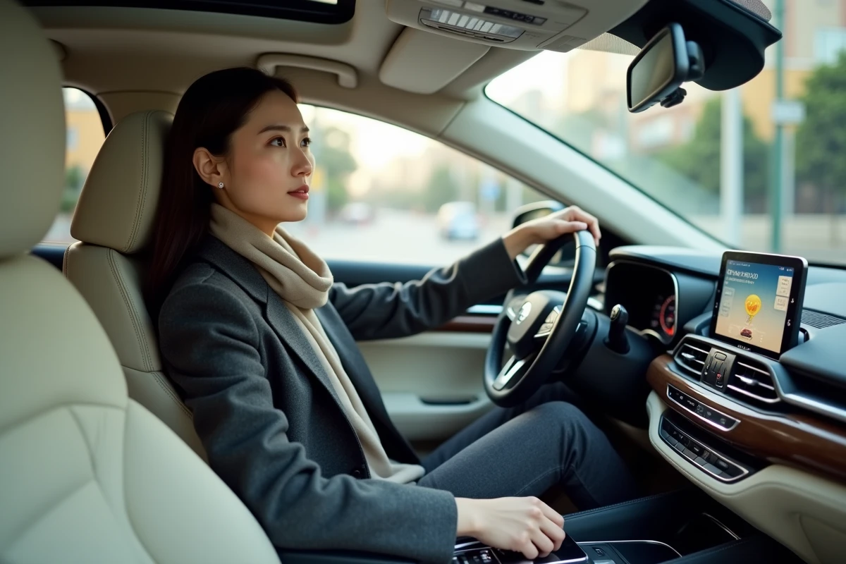 Femme élégante assise dans l'habitacle luxueux d'un SUV premium chinois, avec intérieur en cuir crème et tableau de bord numérique incurvé