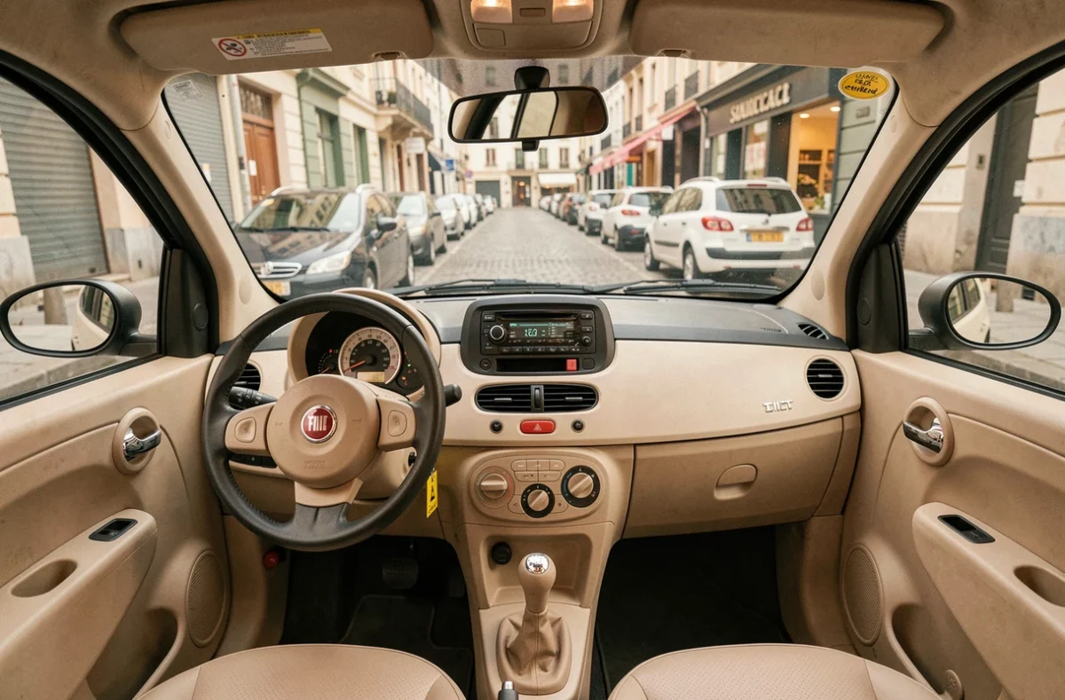 Intérieur minimaliste d'une voiture sans permis Fiat avec vue sur le tableau de bord et la rue en arrière-plan