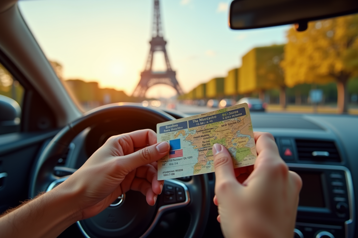 Main tenant permis et carte routière avec vue sur la Tour Eiffel