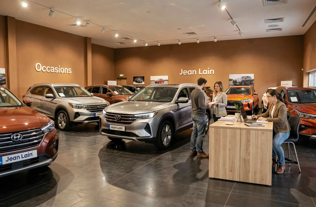 Intérieur du showroom Jean Lain Occasions à Boulogne-Billancourt avec un couple découvrant des véhicules certifiés
