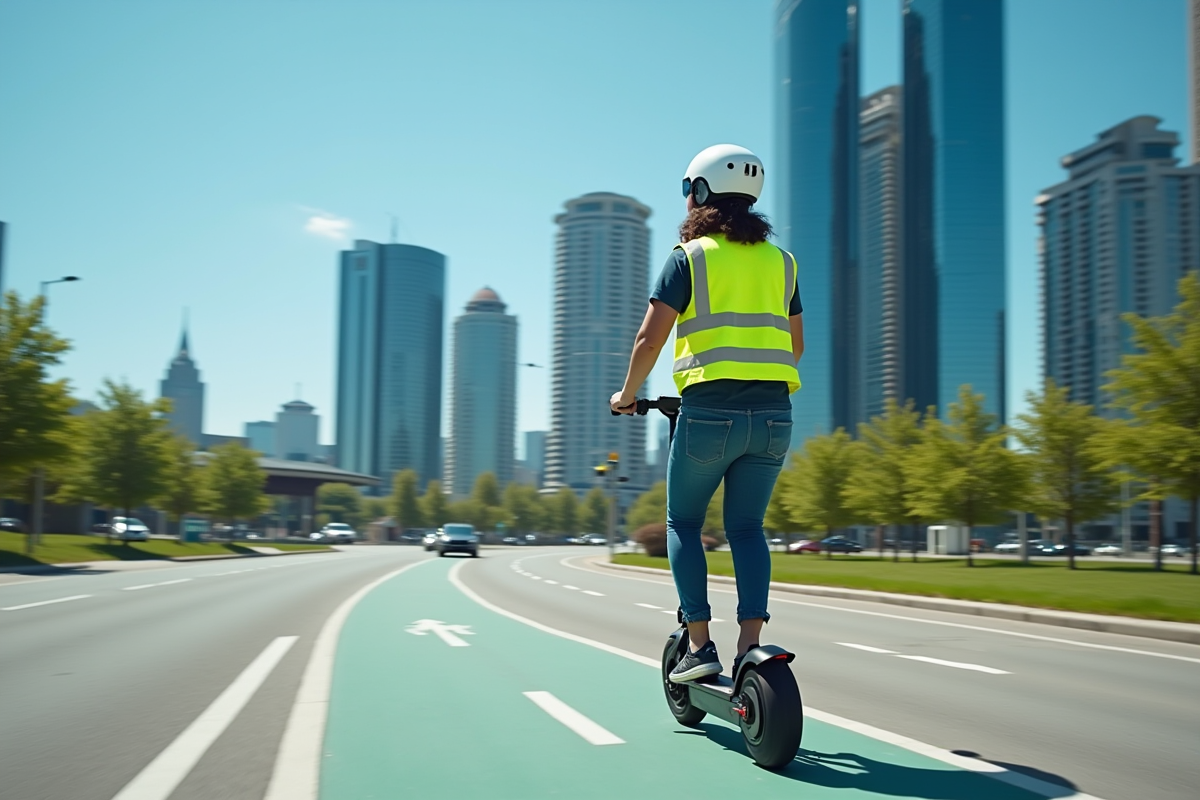 Jeune adulte portant casque et gilet réfléchissant en scooter électrique en ville