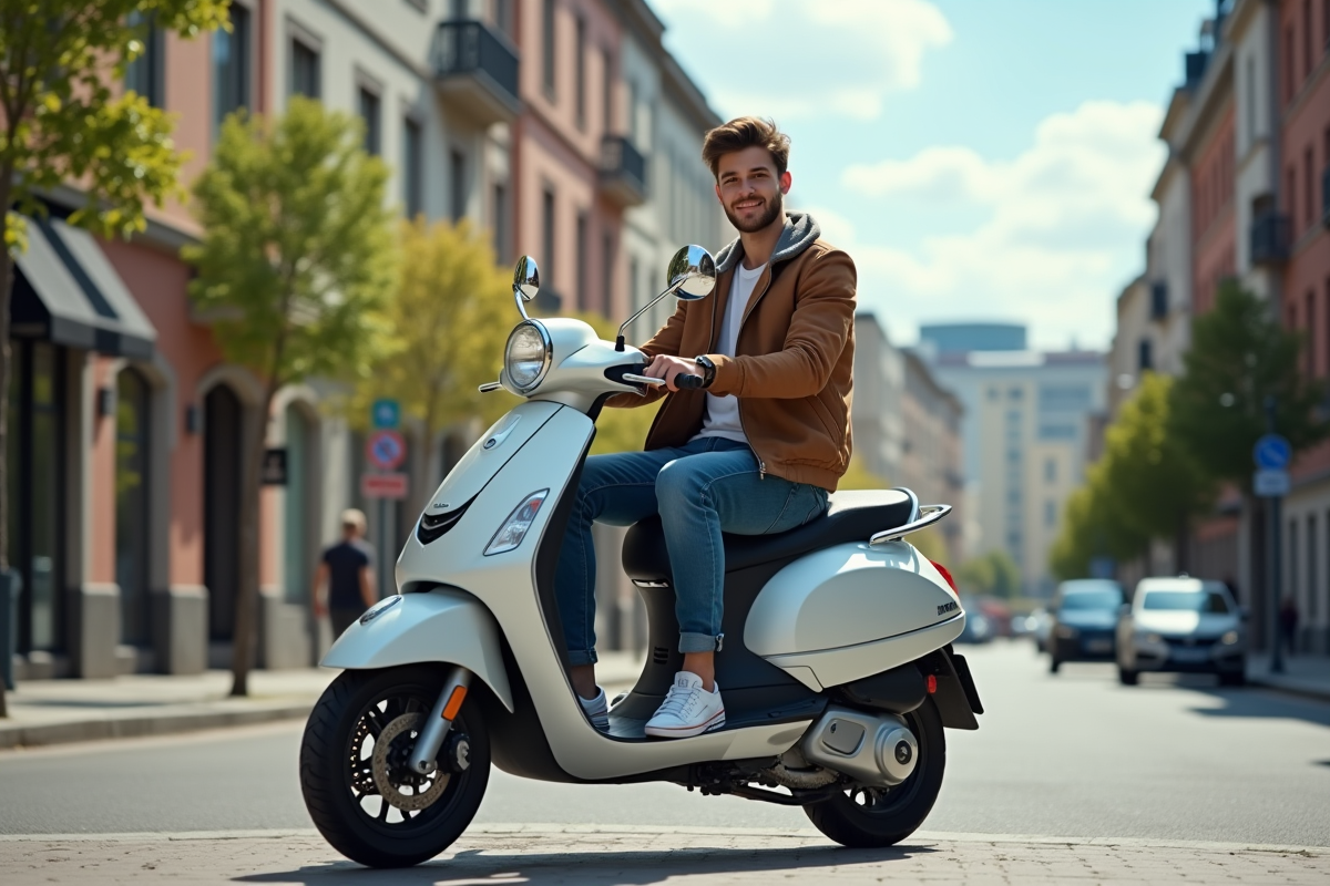 Jeune adulte assis sur un scooter 125cc en ville