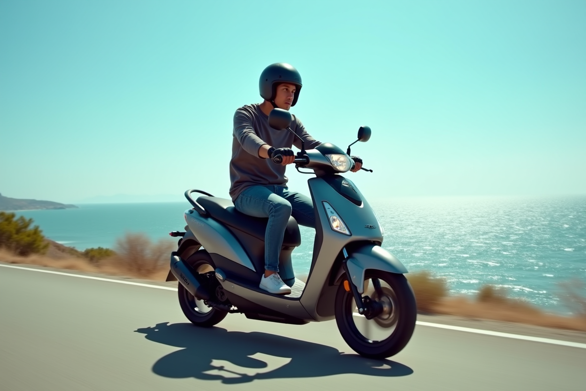 Jeune adulte roulant en scooter puissant sur une route côtière