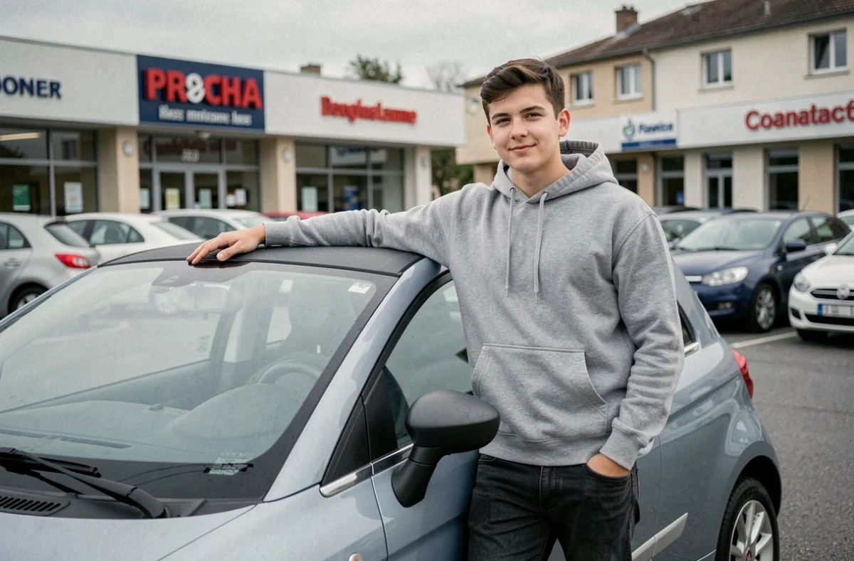 Jeune homme appuyé sur une voiture sans permis Fiat dans un parking de banlieue française