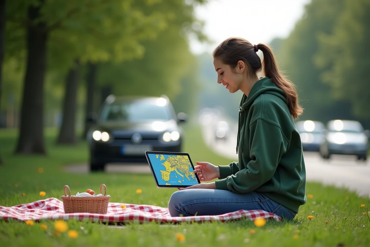 Jeune femme regardant une carte autoroute sur tablette en plein air
