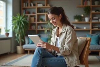 Jeune femme en train d'étudier la conduite sur une tablette à la maison