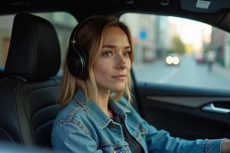 Jeune femme en denim écoute musique dans un SUV moderne