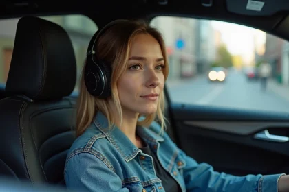 Jeune femme en denim &eacute;coute musique dans un SUV moderne