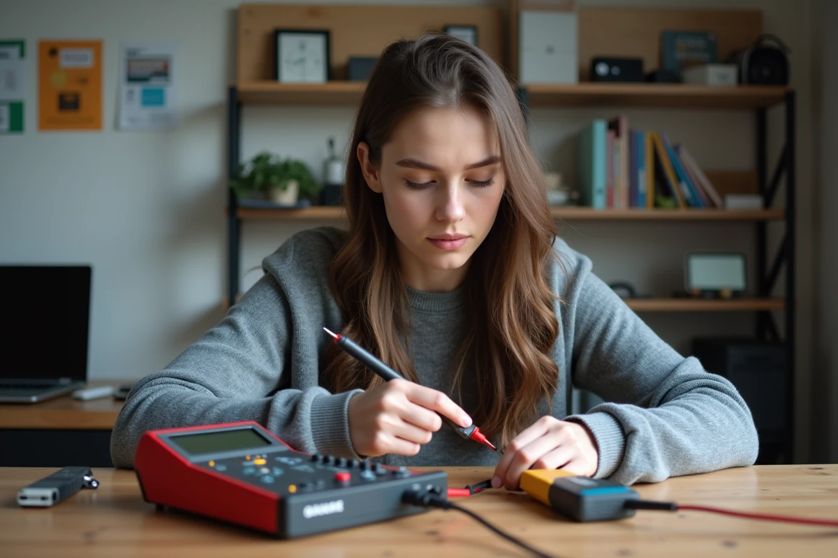 Femme connectant un multimètre à un module électronique sur un bureau