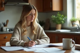 Jeune femme concentrée à étudier dans sa cuisine lumineuse