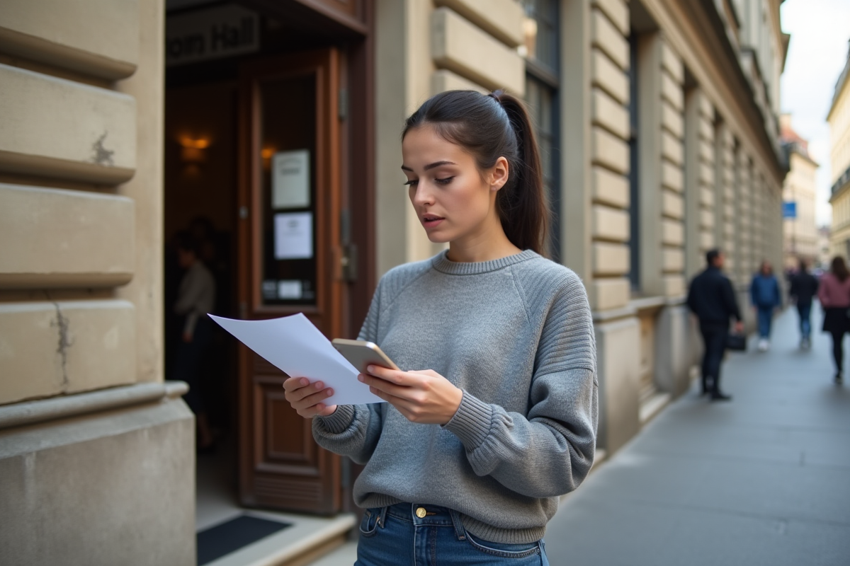 Jeune femme lisant une lettre devant la mairie française