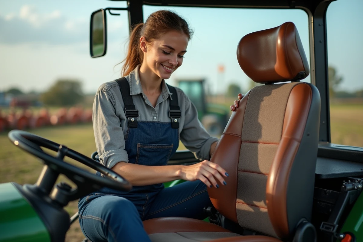 Jeune femme m&eacute;canicien ajustant un si&egrave;ge de tracteur en ext&eacute;rieur