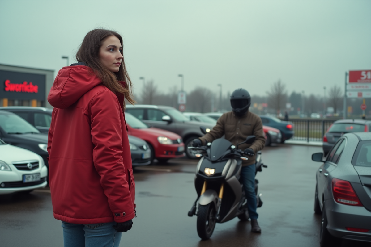 Jeune femme en parka regardant sa moto dans un parking