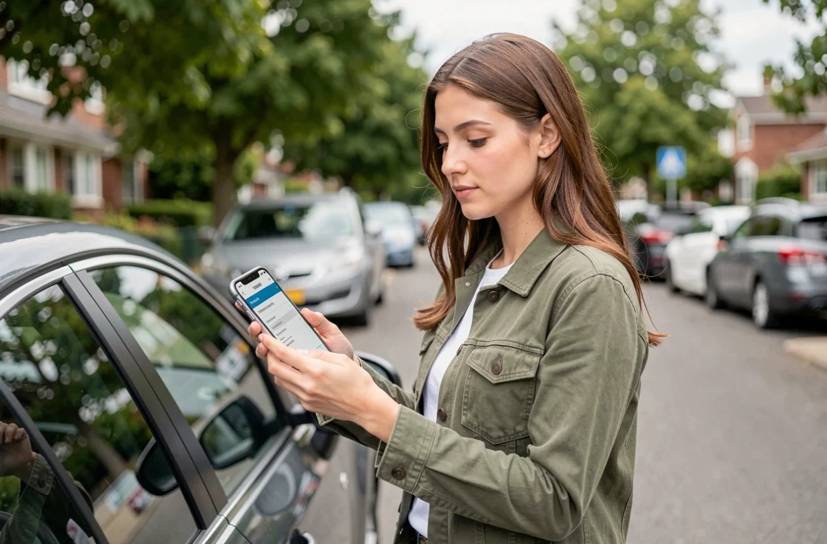 Jeune femme consultant son relevé d'information assurance auto sur smartphone près de sa voiture
