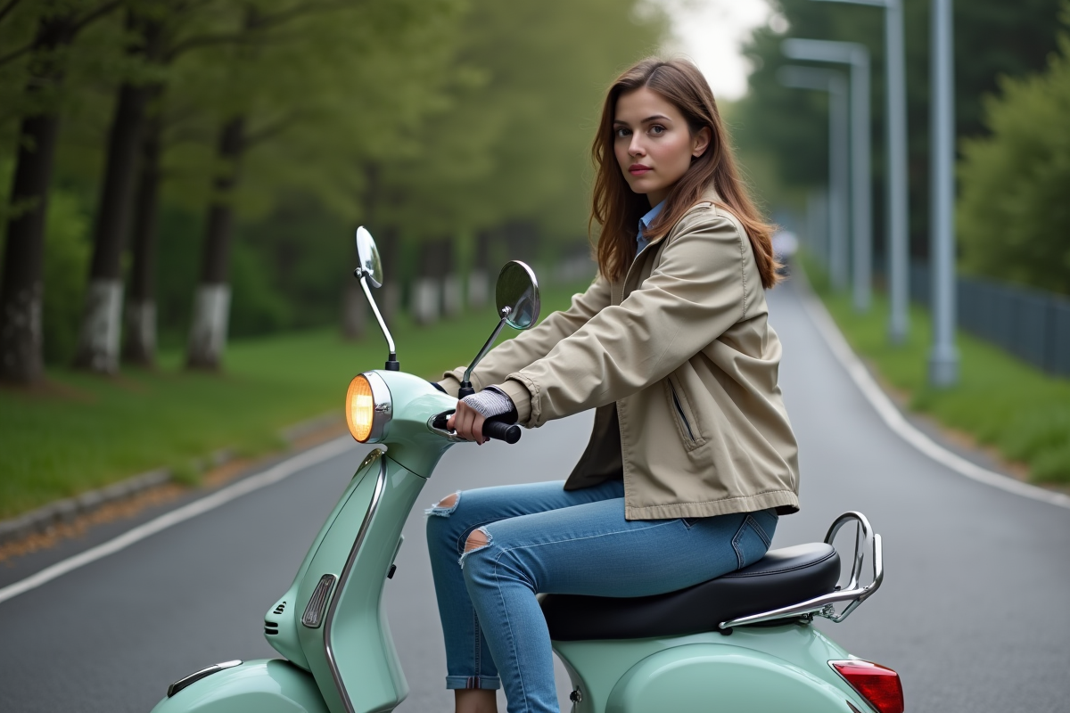 Jeune femme en scooter signalant un virage à gauche