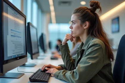 Jeune femme concentr&eacute;e sur un test de conduite &agrave; l'ordinateur