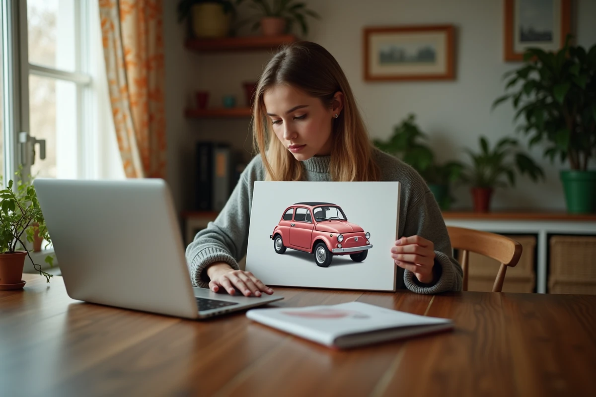 Jeune femme vérifiant une peinture Fiat 500 à la maison