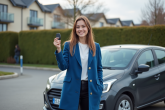 Jeune femme souriante avec clés de voiture devant une voiture moderne