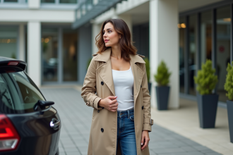 Jeune femme examine une voiture dans un concessionnaire urbain