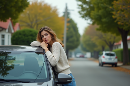 Jeune femme en sweater posant sur une voiture en ville