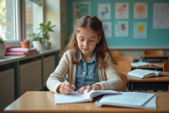 Jeune fille française de 16 ans feuilletant un dictionnaire