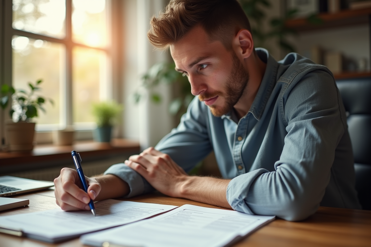 Jeune homme concentré travaillant sur un contrat d'assurance
