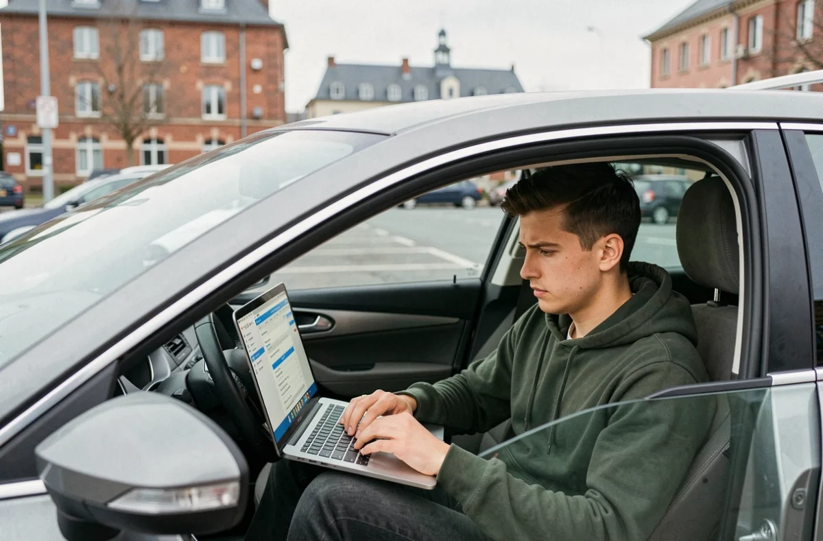 Un jeune homme compare des devis d'assurance auto sur un ordinateur portable depuis l'intérieur de sa voiture à Dunkerque