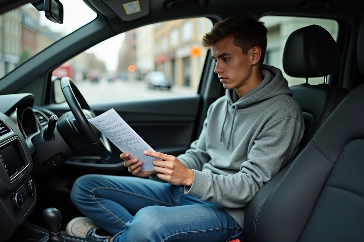 Jeune homme étudiant dans une voiture en ville