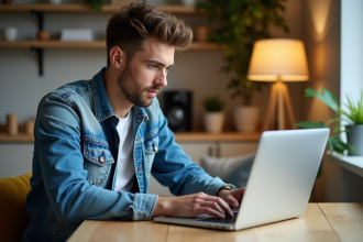 Jeune homme regardant un ordinateur avec une moto Dax 125