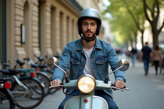 Jeune homme en denim et casque sur un scooter à Paris