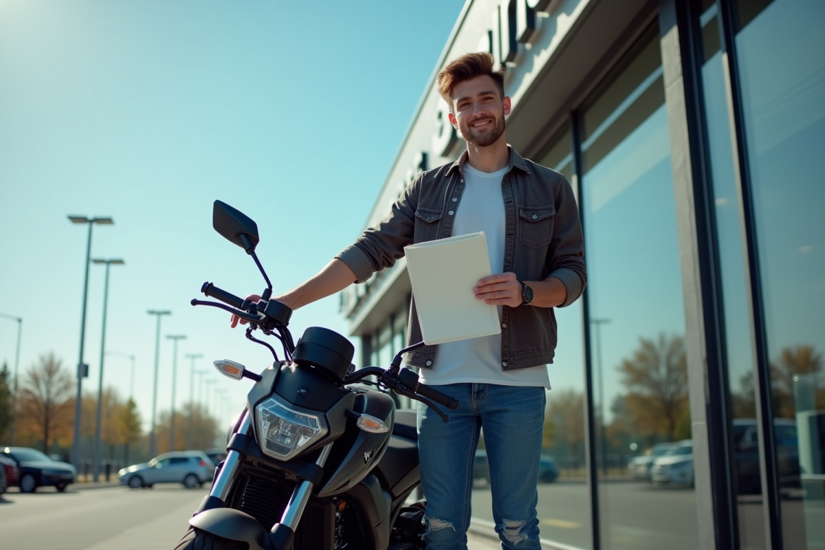 Jeune homme avec moto neuve devant un concessionnaire