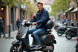 Jeune homme en windbreaker avec scooter en ville