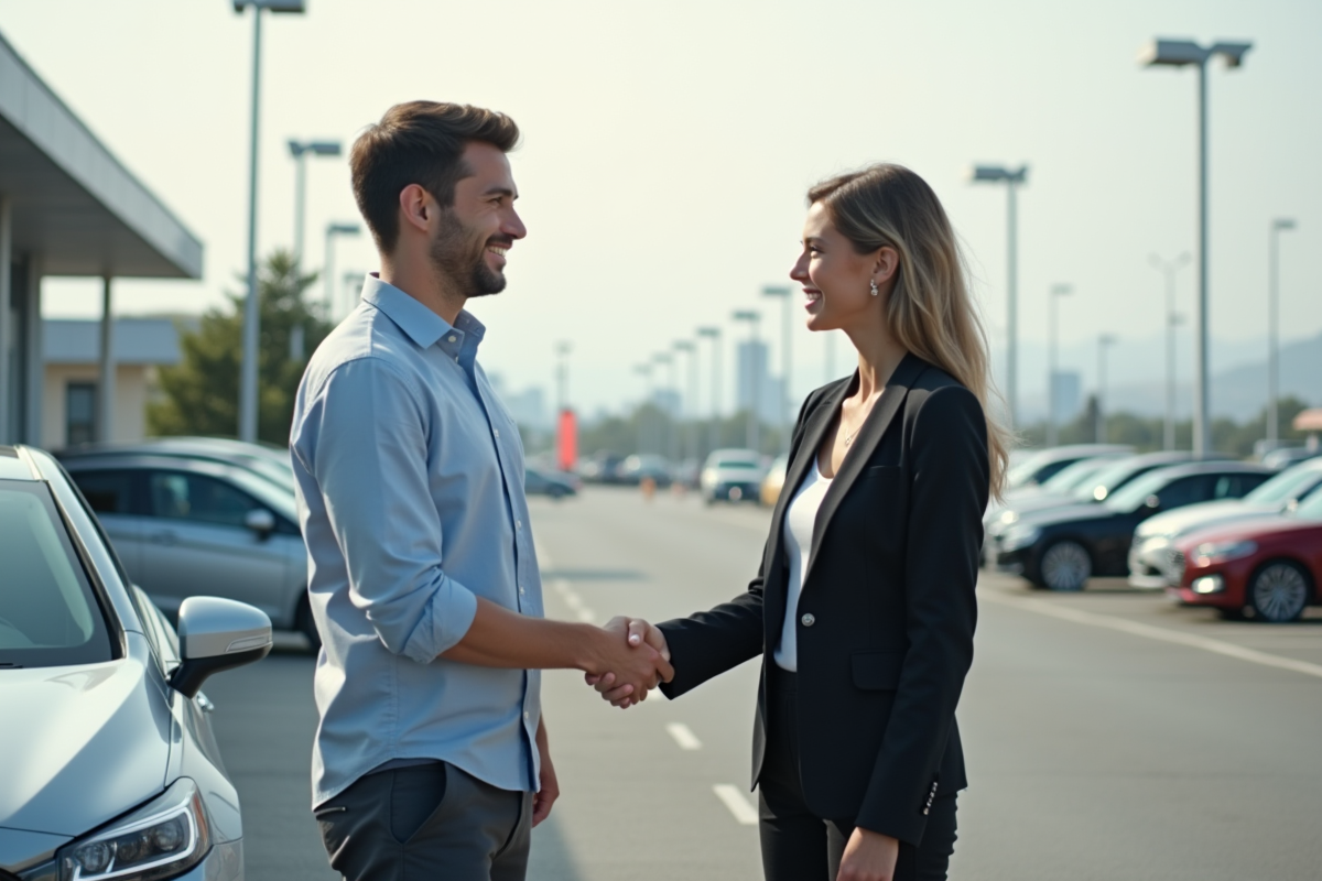 Jeune homme serre la main d une vendeuse de voitures en extérieur