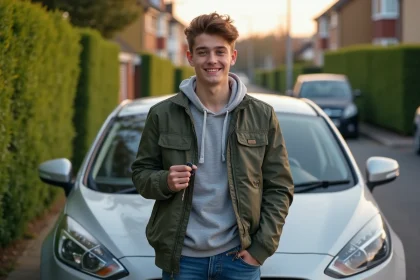 Jeune homme souriant avec cl&eacute; de voiture devant une compacte