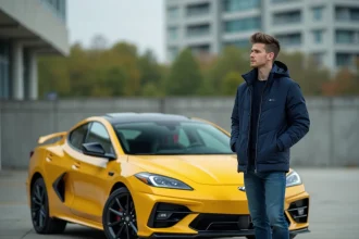 Jeune homme à côté d'une voiture sportive jaune en ville