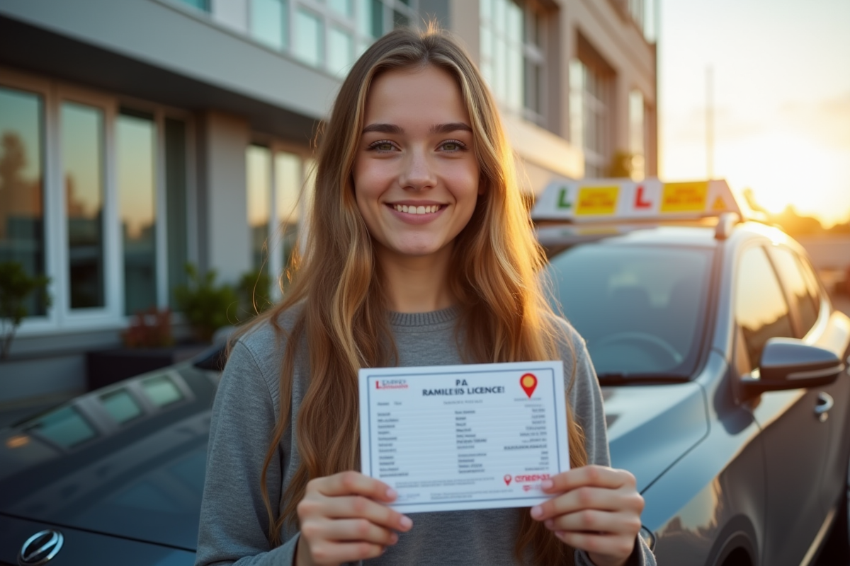 Jeune avec son permis de conduire fraîchement obtenu devant une voiture