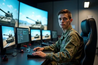 Jeune soldat en formation dans un simulateur militaire