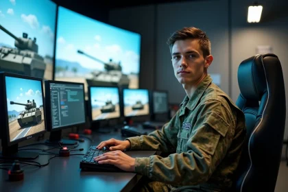 Jeune soldat en formation dans un simulateur militaire