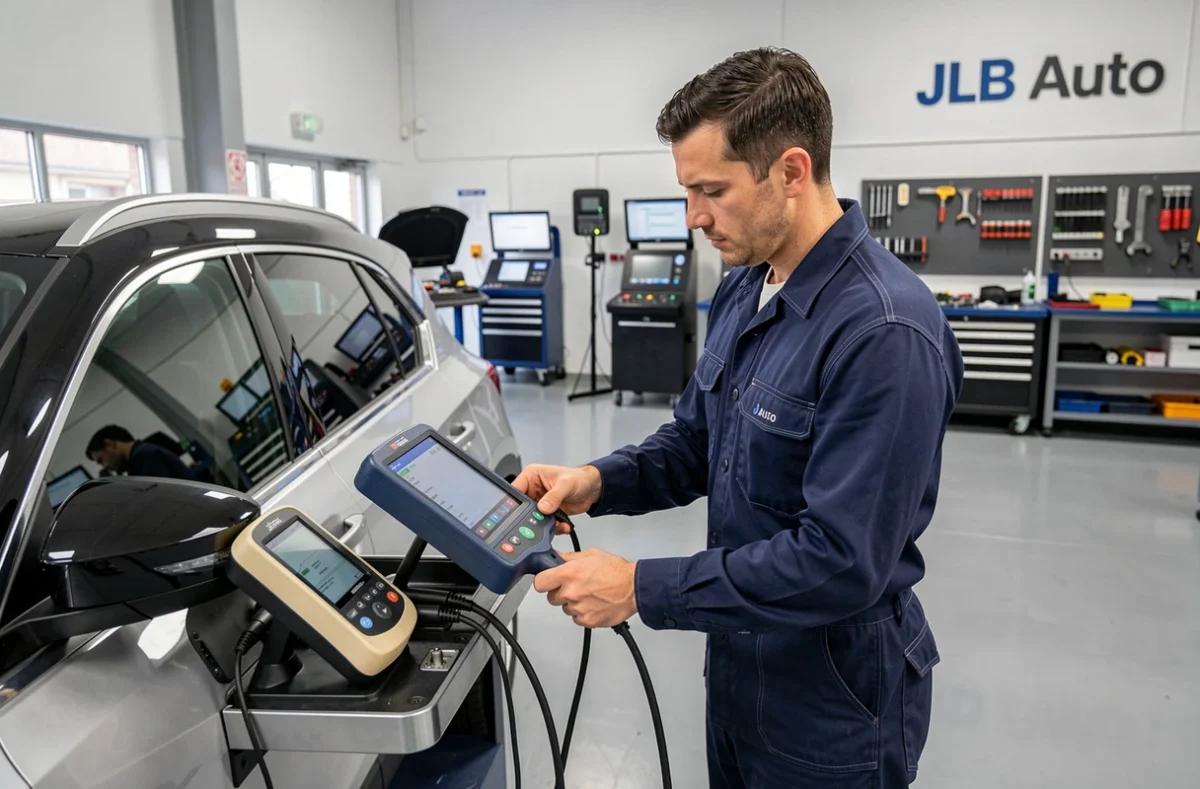 Mécanicien utilisant un scanner OBD pour diagnostiquer un véhicule dans l'atelier moderne de JLB Auto