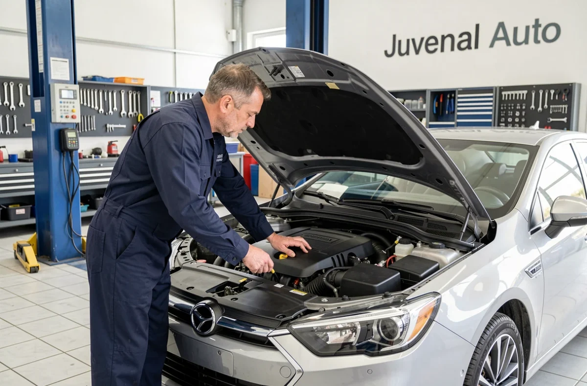 Mécanicien inspectant le moteur d'une berline moderne dans l'atelier Juvenal Auto à Montpellier