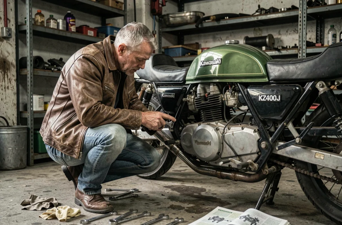 Mécanicien inspectant le moteur d'une Kawasaki KZ400J dans un atelier de moto artisanal