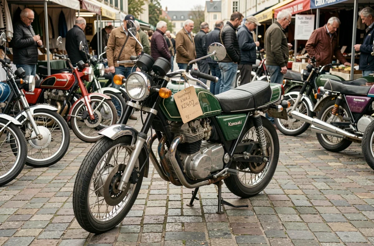 Kawasaki KZ400J exposée dans un marché de motos vintage en plein air sur des pavés